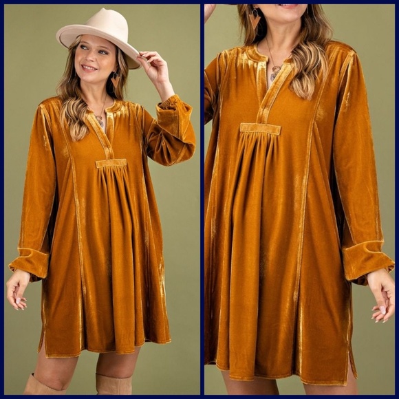 EASEL Long Sleeve Luxury Soft Velvet V-Neck Dress With Balloon Sleeve & Pockets - Picture 9 of 16